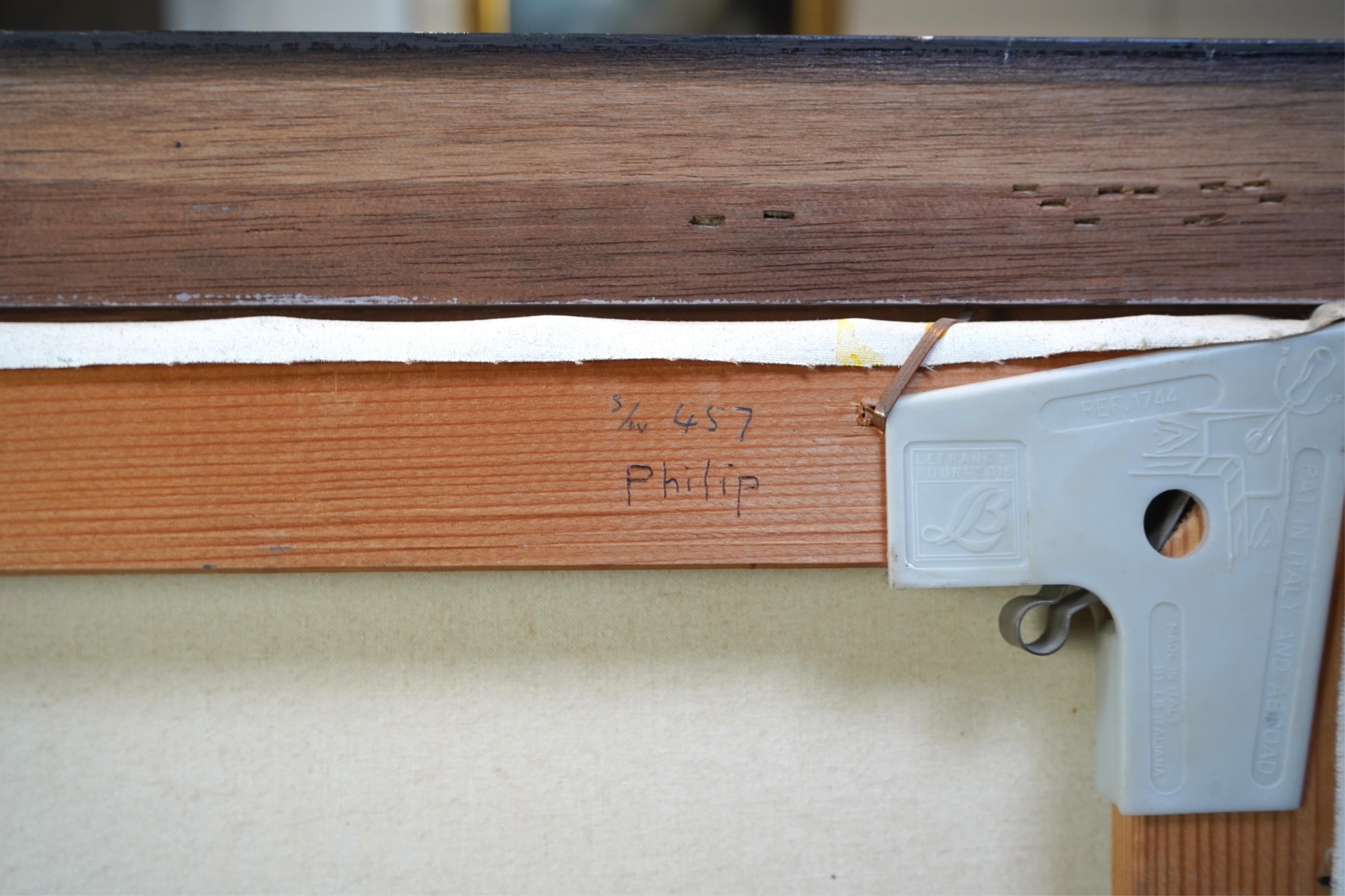 Raymond Campbell, b. 1956, A still life study of a crab, grapes, wine and bread on a ledge